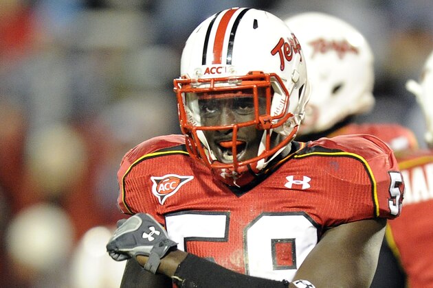 COLLEGE PARK, MD - NOVEMBER 27: David Mackall #59 of the Maryland Terrapins celebrates after a sack against the North Carolina State Wolfpack at Byrd Stadium on November 27, 2010 in College Park, Maryland..  (Photo by G Fiume/Maryland Terrapins/Getty Images)