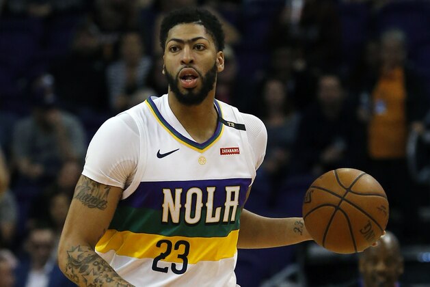New Orleans Pelicans forward Anthony Davis (23) in the first half during an NBA basketball game against the Phoenix Suns, Friday, Mar. 1, 2019, in Phoenix. (AP Photo/Rick Scuteri)