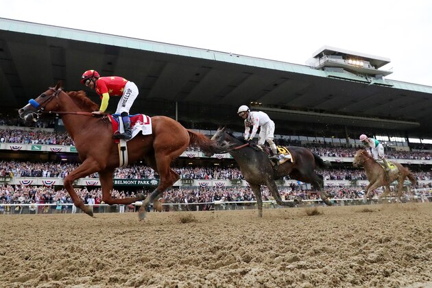 ELMONT, NY - JUNE 09:  Justify #1, ridden by jockey Mike Smith crosses the finish line to win the 150th running of the Belmont Stakes at Belmont Park on June 9, 2018 in Elmont, New York. Justify becomes the thirteenth Triple Crown winner and the first since American Pharoah in 2015.  (Photo by Al Bello/Getty Images)