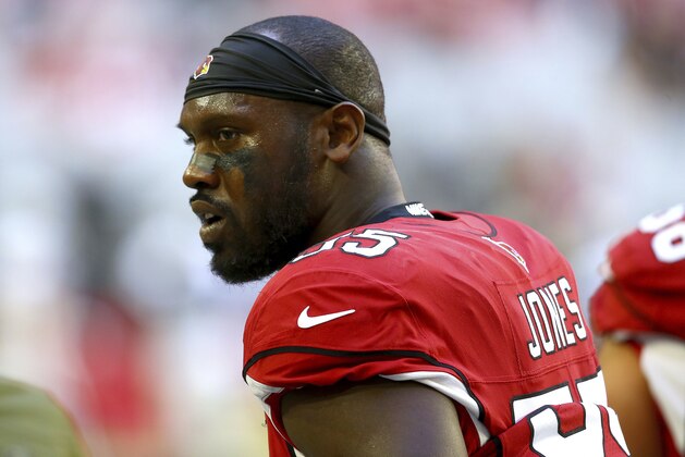 Arizona Cardinals defensive end Chandler Jones (55) warms up prior to an NFL football game against the Oakland Raiders, Sunday, Nov. 18, 2018, in Glendale, Ariz. (AP Photo/Ross D. Franklin)