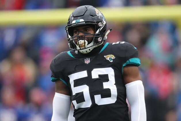 BUFFALO, NY - NOVEMBER 25: Blair Brown #53 of the Jacksonville Jaguars during NFL game action against the Buffalo Bills at New Era Field on November 25, 2018 in Buffalo, New York. (Photo by Tom Szczerbowski/Getty Images)