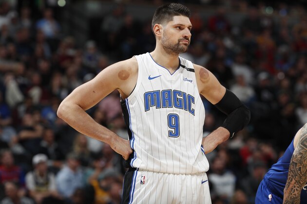 Orlando Magic center Nikola Vucevic (9) in the second half of an NBA basketball game Friday, Nov. 23, 2018, in Denver. The Nuggets won 112-87. (AP Photo/David Zalubowski)