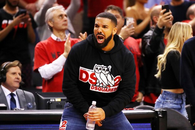 TORONTO, ONTARIO - MAY 21: Rapper Drake reacts during game four of the NBA Eastern Conference Finals between the Milwaukee Bucks and the Toronto Raptors at Scotiabank Arena on May 21, 2019 in Toronto, Canada. NOTE TO USER: User expressly acknowledges and agrees that, by downloading and or using this photograph, User is consenting to the terms and conditions of the Getty Images License Agreement. (Photo by Gregory Shamus/Getty Images)