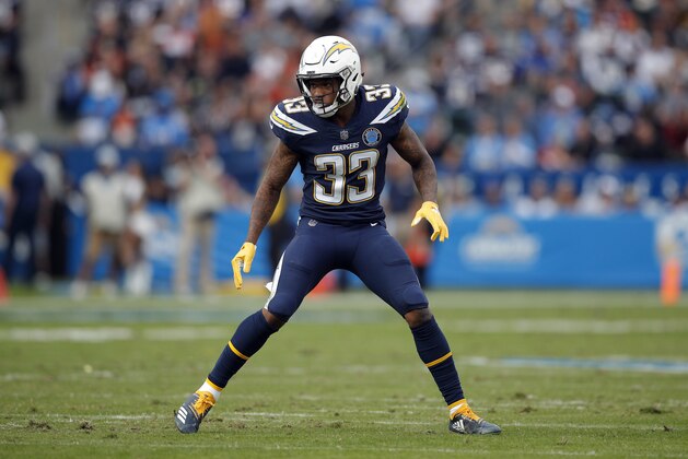 Los Angeles Chargers free safety Derwin James (33) during the first half of an NFL football game against the Cincinnati Bengals Sunday, Dec. 9, 2018, in Carson, Calif. (AP Photo/Jae C. Hong )