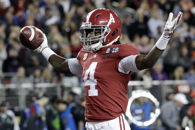 Alabama's Jerry Jeudy celebrates his touchdown catch during the first half the NCAA college football playoff championship game against Clemson, Monday, Jan. 7, 2019, in Santa Clara, Calif. (AP Photo/Chris Carlson)