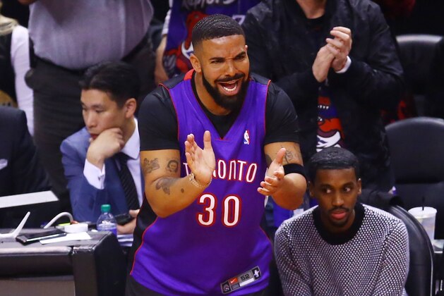 TORONTO, ONTARIO - MAY 30:  Drake reacts during Game One of the 2019 NBA Finals between the Golden State Warriors and the Toronto Raptors at Scotiabank Arena on May 30, 2019 in Toronto, Canada. NOTE TO USER: User expressly acknowledges and agrees that, by downloading and or using this photograph, User is consenting to the terms and conditions of the Getty Images License Agreement. (Photo by Vaughn Ridley/Getty Images)