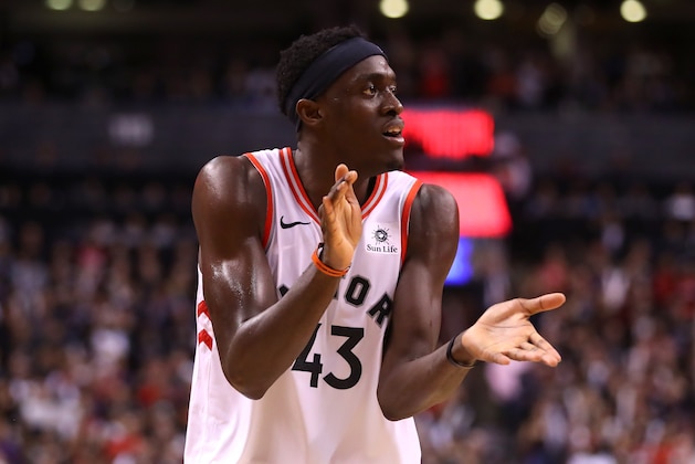 TORONTO, ONTARIO - MAY 30:  Pascal Siakam #43 of the Toronto Raptors celebrates his teams lead against the Golden State Warriors in the fourth quarter during Game One of the 2019 NBA Finals at Scotiabank Arena on May 30, 2019 in Toronto, Canada. NOTE TO USER: User expressly acknowledges and agrees that, by downloading and or using this photograph, User is consenting to the terms and conditions of the Getty Images License Agreement. (Photo by Gregory Shamus/Getty Images)
