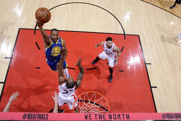 TORONTO, CANADA - MAY 30: Andre Iguodala #9 of the Golden State Warriors shoots the ball against the Toronto Raptors during Game One of the NBA Finals on May 30, 2019 at Scotiabank Arena in Toronto, Ontario, Canada. NOTE TO USER: User expressly acknowledges and agrees that, by downloading and/or using this photograph, user is consenting to the terms and conditions of the Getty Images License Agreement. Mandatory Copyright Notice: Copyright 2019 NBAE (Photo by Jesse D. Garrabrant/NBAE via Getty Images)