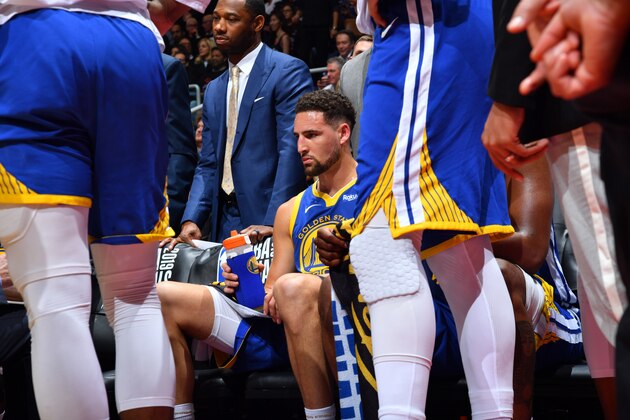 TORONTO, CANADA - MAY 30: Klay Thompson #11 of the Golden State Warriors looks on during a game against the Toronto Raptors during Game One of the NBA Finals on May 30, 2019 at Scotiabank Arena in Toronto, Ontario, Canada. NOTE TO USER: User expressly acknowledges and agrees that, by downloading and/or using this photograph, user is consenting to the terms and conditions of the Getty Images License Agreement. Mandatory Copyright Notice: Copyright 2019 NBAE (Photo by Jesse D. Garrabrant/NBAE via Getty Images)