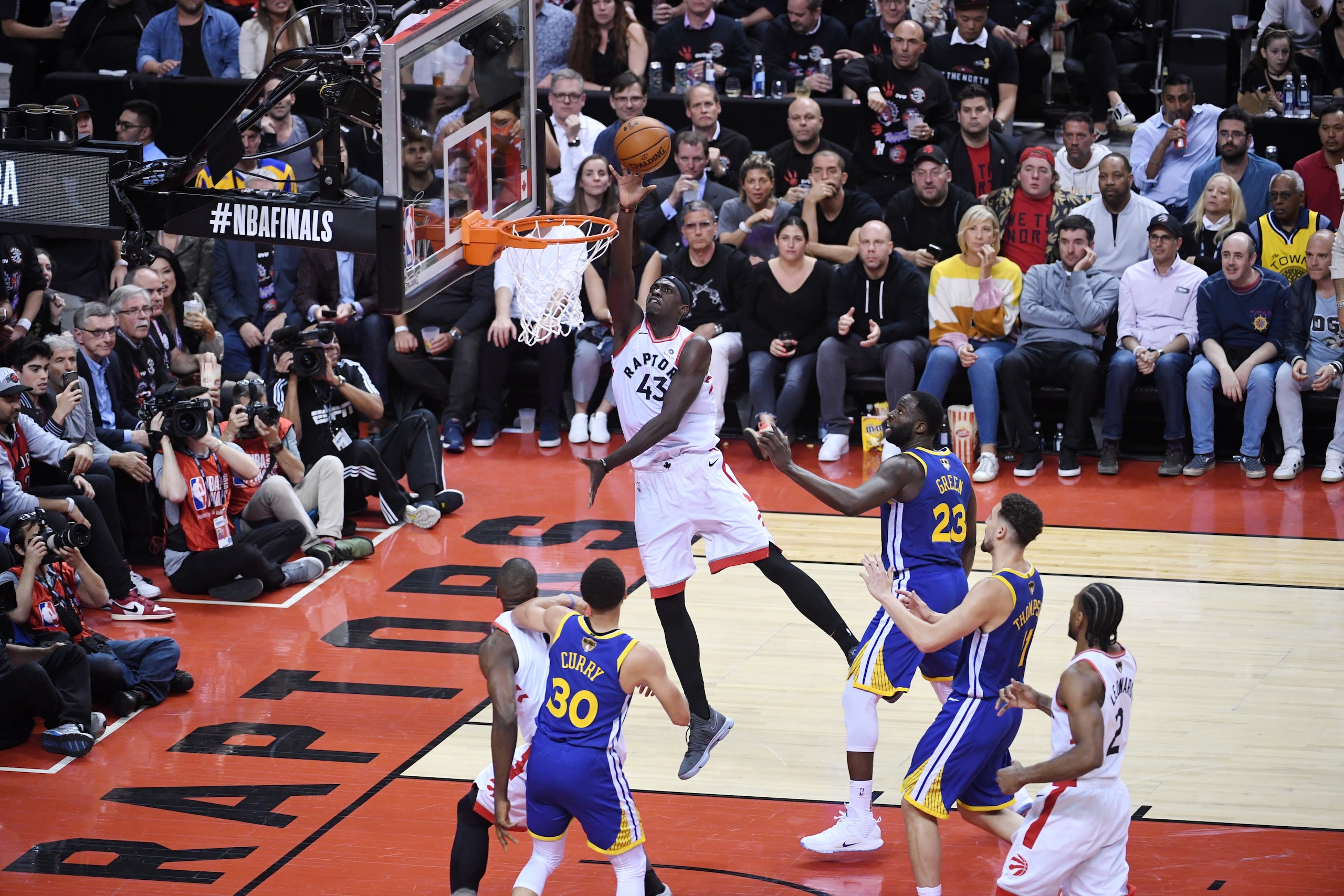 TORONTO, CANADA - MAY 30: Pascal Siakam #43 of the Toronto Raptors shoots the ball against the Golden State Warriors during Game One of the NBA Finals on May 30, 2019 at Scotiabank Arena in Toronto, Ontario, Canada. NOTE TO USER: User expressly acknowledges and agrees that, by downloading and/or using this photograph, user is consenting to the terms and conditions of the Getty Images License Agreement. Mandatory Copyright Notice: Copyright 2019 NBAE (Photo by Noah Graham/NBAE via Getty Images)