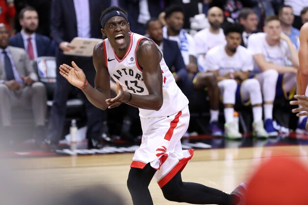 TORONTO, CANADA - MAY 30: Pascal Siakam #43 of the Toronto Raptors reacts to a play during Game One of the NBA Finals against the Golden State Warriors on May 30, 2019 at Scotiabank Arena in Toronto, Ontario, Canada. NOTE TO USER: User expressly acknowledges and agrees that, by downloading and/or using this photograph, user is consenting to the terms and conditions of the Getty Images License Agreement. Mandatory Copyright Notice: Copyright 2019 NBAE (Photo by Joe Murphy/NBAE via Getty Images)