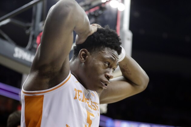 Tennessee's Admiral Schofield (5) reacts after Tennessee lost 99-94 to Purdue in overtime of a men's NCAA Tournament college basketball South Regional semifinal game Thursday, March 28, 2019, in Louisville, Ky. (AP Photo/Michael Conroy)