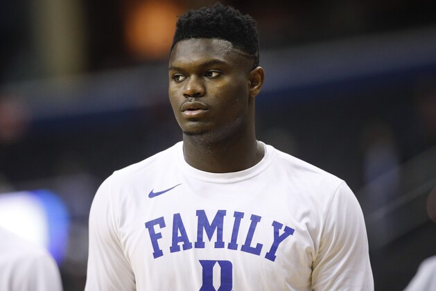 Duke forward Zion Williamson on the court warming up before the start of a NCAA men's East Regional final college basketball game against Michigan State in Washington, Sunday, March 31, 2019. (AP Photo/Patrick Semansky)