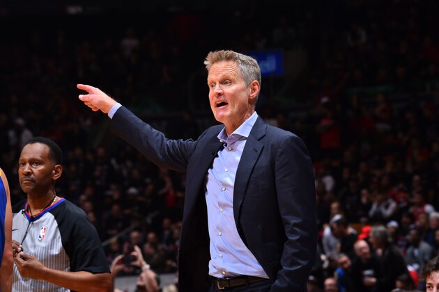 TORONTO, CANADA - MAY 30: Head Coach Steve Kerr of the Golden State Warriors coaches during a game against the Toronto Raptors during Game One of the NBA Finals on May 30, 2019 at Scotiabank Arena in Toronto, Ontario, Canada. NOTE TO USER: User expressly acknowledges and agrees that, by downloading and/or using this photograph, user is consenting to the terms and conditions of the Getty Images License Agreement. Mandatory Copyright Notice: Copyright 2019 NBAE (Photo by Jesse D. Garrabrant/NBAE via Getty Images)