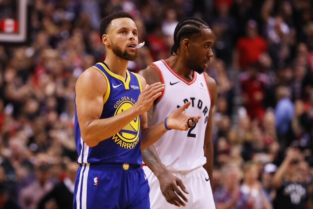 TORONTO, ONTARIO - MAY 30:  Stephen Curry #30 of the Golden State Warriors reacts against the Toronto Raptors in the second half during Game One of the 2019 NBA Finals at Scotiabank Arena on May 30, 2019 in Toronto, Canada. NOTE TO USER: User expressly acknowledges and agrees that, by downloading and or using this photograph, User is consenting to the terms and conditions of the Getty Images License Agreement. (Photo by Gregory Shamus/Getty Images)