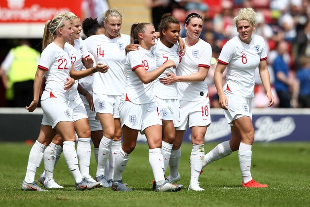 WALSALL, ENGLAND - MAY 25:  Nikita Parris of England celebrates with teammates after scoring her team's first goal during the International Friendly between England Women and Denmark Women at Bank's Stadium on May 25, 2019 in Walsall, England. (Photo by Jan Kruger/Getty Images)