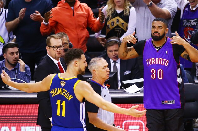 TORONTO, ONTARIO - MAY 30:  Drake reacts during Game One of the 2019 NBA Finals between the Golden State Warriors and the Toronto Raptors at Scotiabank Arena on May 30, 2019 in Toronto, Canada. NOTE TO USER: User expressly acknowledges and agrees that, by downloading and or using this photograph, User is consenting to the terms and conditions of the Getty Images License Agreement. (Photo by Vaughn Ridley/Getty Images)
