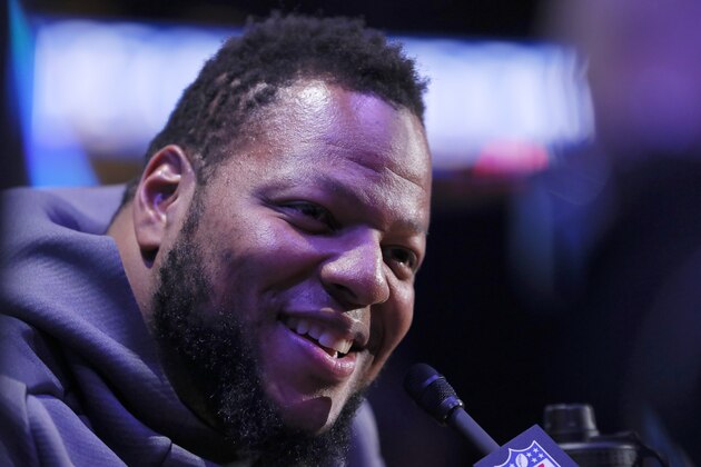ATLANTA, GEORGIA - JANUARY 28: Ndamukong Suh #93 of the Los Angeles Rams talks to the media during Super Bowl LIII Opening Night at State Farm Arena on January 28, 2019 in Atlanta, Georgia. (Photo by Kevin C.  Cox/Getty Images)