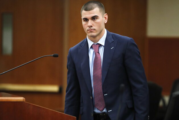 Denver Broncos backup quarterback Chad Kelly appears for a hearing in the Arapahoe County Courthouse, Wednesday, Oct. 24, 2018, in Centennial, Colo. Kelly was arrested early Tuesday, Oct. 23, on suspicion of criminal trespass in Englewood, Colo. The The Broncos waived Kelly on Wednesday. (AP Photo/David Zalubowski, Pool)