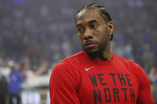Toronto Raptors' Kawhi Leonard looks on prior to the first half of Game 6 of a second-round NBA basketball playoff series against the Philadelphia 76ers, Thursday, May 9, 2019, in Philadelphia. 76ers won 112-101. (AP Photo/Chris Szagola)