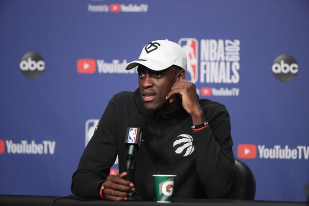 TORONTO, ON -  MAY 31: Pascal Siakam of the Toronto Raptors addresses the media during media availability as part of the 2019 NBA Finals on May 31, 2019 at Scotiabank Arena in Toronto, Ontario, Canada. NOTE TO USER: User expressly acknowledges and agrees that, by downloading and or using this photograph, User is consenting to the terms and conditions of the Getty Images License Agreement. Mandatory Copyright Notice: Copyright 2019 NBAE (Photo by Nathaniel S. Butler/NBAE via Getty Images)