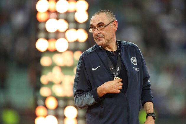 BAKU, AZERBAIJAN - MAY 29: Maurizio Sarri head coach / manager of Chelsea with his medal after winning the UEFA Europa League Final between Chelsea and Arsenal at Baku Olimpiya Stadionu on May 29, 2019 in Baku, Azerbaijan. (Photo by James Williamson - AMA/Getty Images)