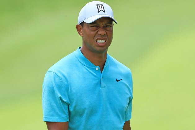 DUBLIN, OHIO - MAY 31: Tiger Woods reacts after missing a putt on the first hole during the second round of The Memorial Tournament Presented by Nationwide at Muirfield Village Golf Club on May 31, 2019 in Dublin, Ohio. (Photo by Sam Greenwood/Getty Images)