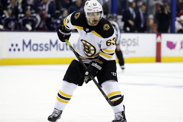 Boston Bruins forward Brad Marchand is seen against the Columbus Blue Jackets during Game 4 of an NHL hockey second-round playoff series in Columbus, Ohio, Thursday, May 2, 2019. The Bruins won 4-1. (AP Photo/Paul Vernon)