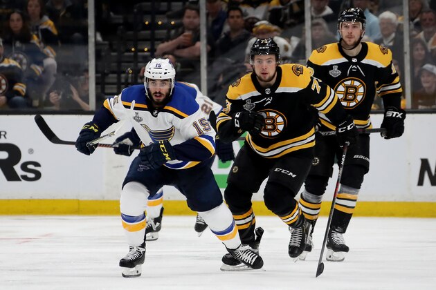 BOSTON, MASSACHUSETTS - MAY 29: Robby Fabbri #15 of the St. Louis Blues in action against the Boston Bruins in Game Two of the 2019 NHL Stanley Cup Final at TD Garden on May 29, 2019 in Boston, Massachusetts. (Photo by Bruce Bennett/Getty Images)