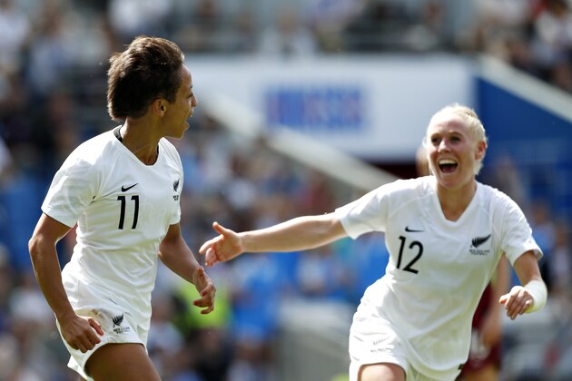BRIGHTON, ENGLAND - JUNE 01: Sarah Gregorius of New Zealand Women celebrates after scoring the opening goal during the International Friendly between England Women and New Zealand Women at Amex Stadium on June 01, 2019 in Brighton, England. (Photo by Luke Walker/Getty Images)