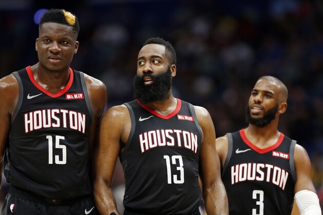 Houston Rockets center Clint Capela (15) Houston Rockets guard James Harden (13) and Houston Rockets guard Chris Paul (3) during the second half of an NBA basketball game in New Orleans, Sunday, March 24, 2019. The Rockets won 113-90. (AP Photo/Tyler Kaufman)