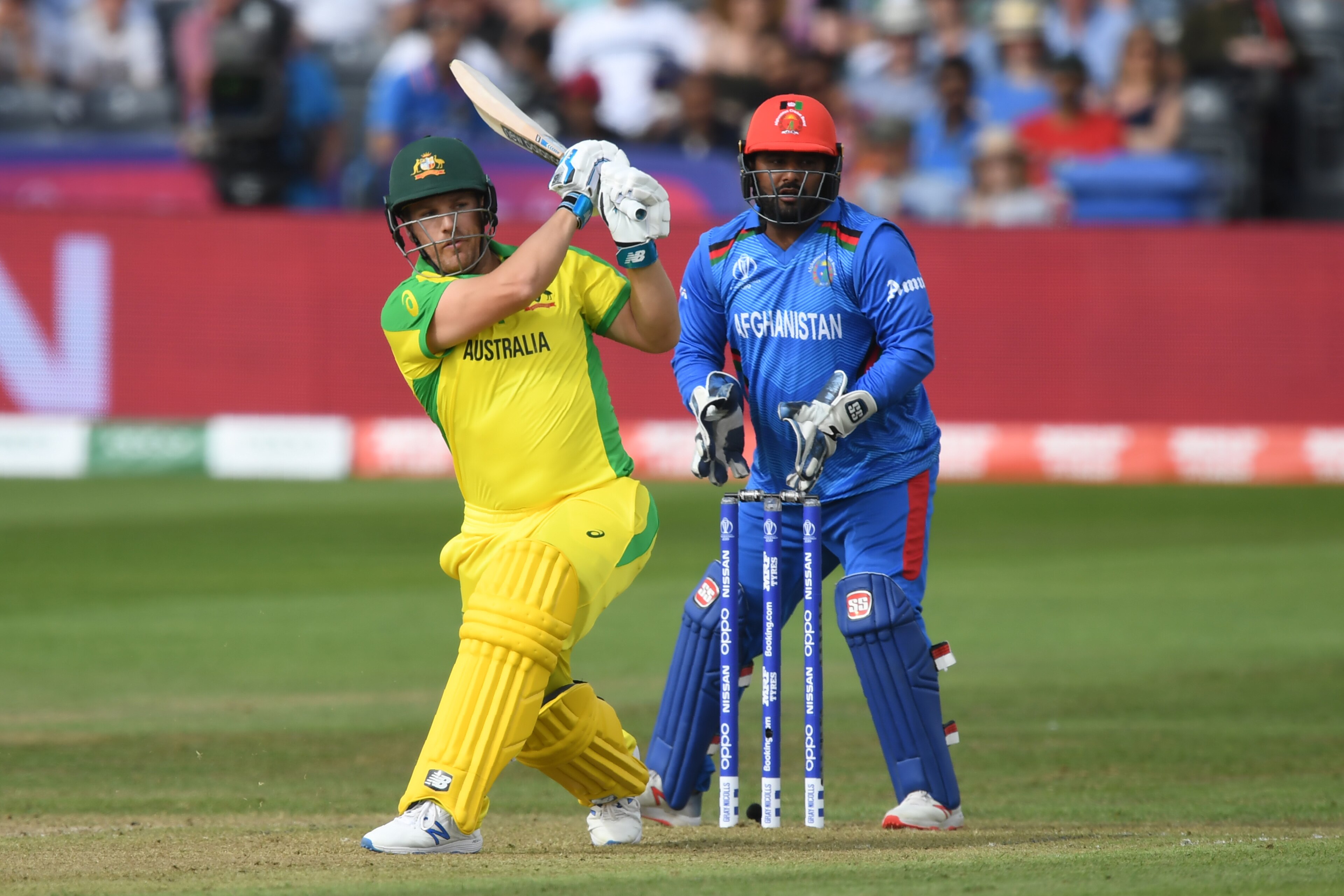 Australia's captain Aaron Finch plays a shot during the 2019 Cricket World Cup group stage match between Afghanistan and Australia at Bristol County Ground in Bristol, southwest England, on June 1, 2019. (Photo by Dibyangshu SARKAR / AFP) / RESTRICTED TO EDITORIAL USE (Photo credit should read DIBYANGSHU SARKAR/AFP/Getty Images) Australia's captain Aaron Finch plays a shot during the 2019 Cricket World Cup group stage match between Afghanistan and Australia at Bristol County Ground in Bristol, southwest England, on June 1, 2019. (Photo by Dibyangshu SARKAR / AFP) / RESTRICTED TO EDITORIAL USE (Photo credit should read DIBYANGSHU SARKAR/AFP/Getty Images)