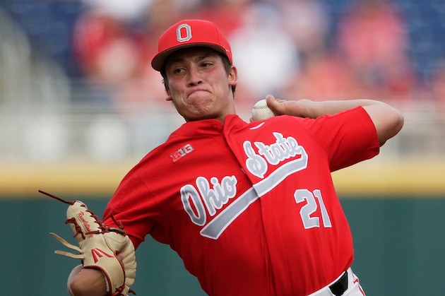 Ohio State pitcher Andrew Magno (21) works against Nebraska in the ninth inning of the NCAA Big Ten baseball championship game in Omaha, Neb., Sunday, May 26, 2019. Ohio State won 3-1. (AP Photo/Nati Harnik)