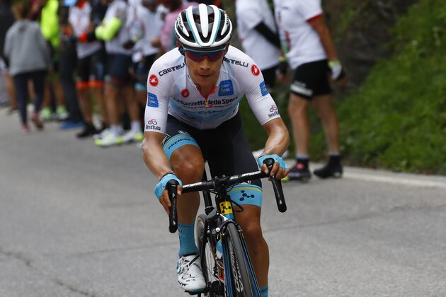 Team Astana rider Colombia's Miguel Angel Lopez rides during stage nineteen of the 102nd Giro d'Italia - Tour of Italy - cycle race, 151kms from Treviso to San Martino di Castrozza on May 31, 2019. (Photo by Luk BENIES / AFP)        (Photo credit should read LUK BENIES/AFP/Getty Images)