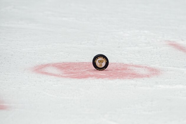 BRATISLAVA, SLOVAKIA - MAY 26: Feature of the official gold medal game puck during the 2019 IIHF Ice Hockey World Championship Slovakia final game between Canada and Finland at Ondrej Nepela Arena on May 26, 2019 in Bratislava, Slovakia. (Photo by RvS.Media/Monika Majer/Getty Images)