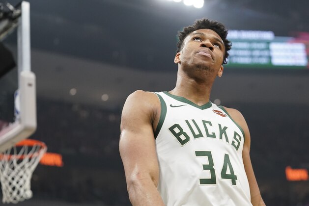 Milwaukee Bucks' Giannis Antetokounmpo reacts during the first half of Game 5 of the NBA Eastern Conference basketball playoff finals against the Toronto Raptors Thursday, May 23, 2019, in Milwaukee. (AP Photo/Morry Gash)