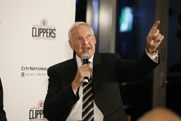 NBA Hall of Fame and former player Jerry West speaks as he and Elgin Baylor talk with Ralph Lawler, an Hall of Fame honoree, at an event before an NBA basketball game between the Los Angeles Clippers and the Dallas Mavericks in Los Angeles, Monday, Feb. 25, 2019. (AP Photo/Alex Gallardo)