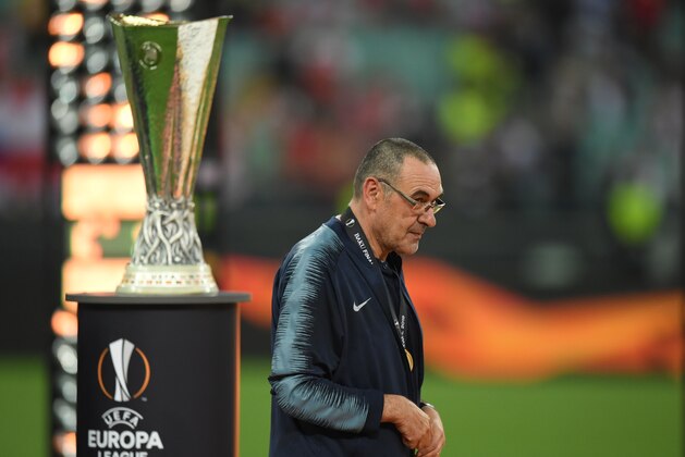 BAKU, AZERBAIJAN - MAY 29:  Chelsea manager Maurizio Sarri collects his winners medal following his victory the UEFA Europa League Final between Chelsea and Arsenal at Baku Olimpiya Stadionu on May 29, 2019 in Baku, Azerbaijan. (Photo by Shaun Botterill/Getty Images)