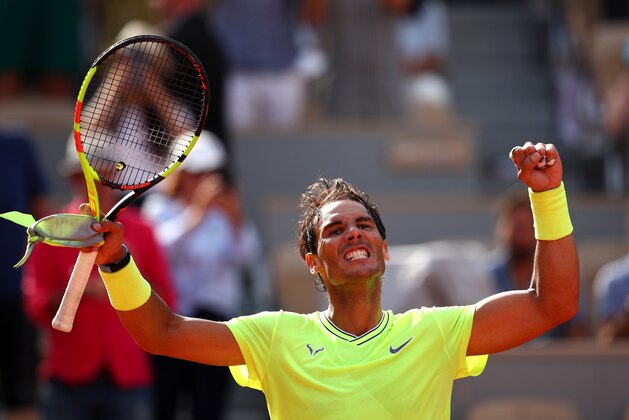 PARIS, FRANCE - JUNE 02: Rafael Nadal of Spain celebrates victory during his mens singles fourth round match against Juan Ignacio Londero of Argentina during Day eight of the 2019 French Open at Roland Garros on June 02, 2019 in Paris, France. (Photo by Clive Brunskill/Getty Images)