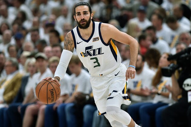 SALT LAKE CITY, UT - APRIL 22: Ricky Rubio #3 of the Utah Jazz brings the ball up court against the Houston Rockets in the first half of Game Four during the first round of the 2019 NBA Western Conference Playoffs at Vivint Smart Home Arena on April 22, 2019 in Salt Lake City, Utah. NOTE TO USER: User expressly acknowledges and agrees that, by downloading and or using this photograph, User is consenting to the terms and conditions of the Getty Images License Agreement. (Photo by Gene Sweeney Jr./Getty Images)