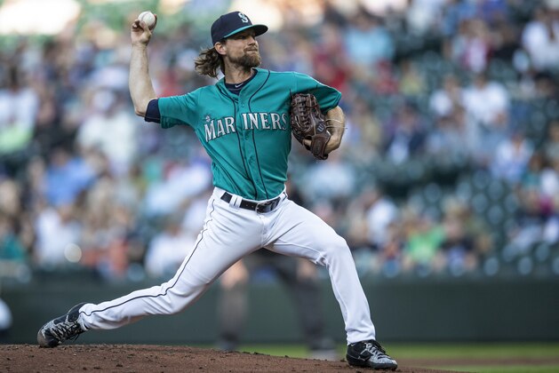 Seattle Mariners starter Mike Leake delivers a pitch during the first inning of the team's baseball game against the Los Angeles Angels, Friday, May 31, 2019, in Seattle. (AP Photo/Stephen Brashear)