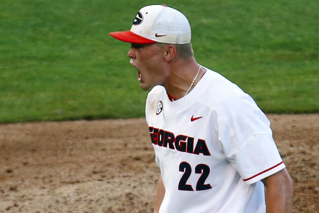 Georgia pitcher Aaron Schunk reacts at the end of the team's Southeastern Conference tournament NCAA college baseball game against Arkansas, Thursday, May 23, 2019, in Hoover, Ala. Georgia defeated Arkansas 3-1. (AP Photo/Butch Dill)