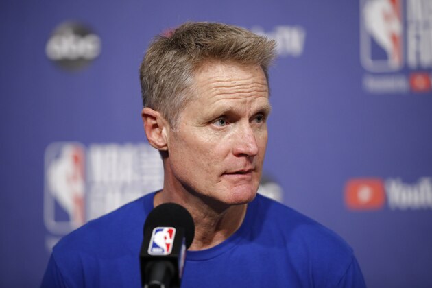 TORONTO, CANADA - MAY 30: Steve Kerr of the Golden State Warriors speaks to the media during a press conference after Game One of the NBA Finals against the Toronto Raptors on May 30, 2019 at Scotiabank Arena in Toronto, Ontario, Canada. NOTE TO USER: User expressly acknowledges and agrees that, by downloading and/or using this photograph, user is consenting to the terms and conditions of the Getty Images License Agreement. Mandatory Copyright Notice: Copyright 2019 NBAE (Photo by Mark Blinch/NBAE via Getty Images)