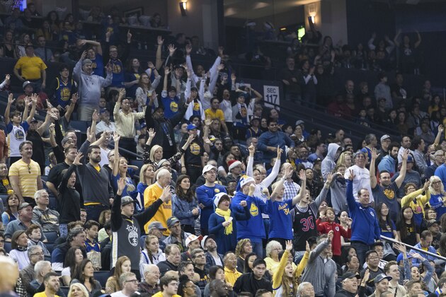 Golden State Warriors fans cheer during the game against the LA Clippers in the first quarter of an NBA basketball game, Sunday, Dec. 23, 2018, in Oakland, Calif. (AP Photo/John Hefti)