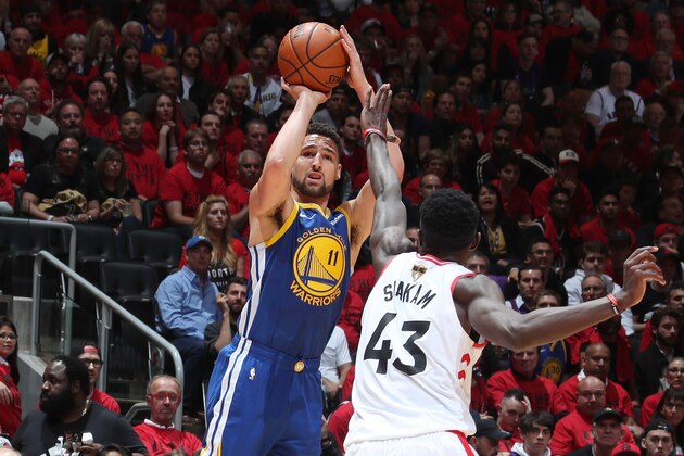 TORONTO, CANADA - JUNE 2: Klay Thompson #11 of the Golden State Warriors shoots the ball against the Toronto Raptors during Game Two of the NBA Finals on June 2, 2019 at Scotiabank Arena in Toronto, Ontario, Canada. NOTE TO USER: User expressly acknowledges and agrees that, by downloading and/or using this photograph, user is consenting to the terms and conditions of the Getty Images License Agreement. Mandatory Copyright Notice: Copyright 2019 NBAE (Photo by Nathaniel S. Butler/NBAE via Getty Images)