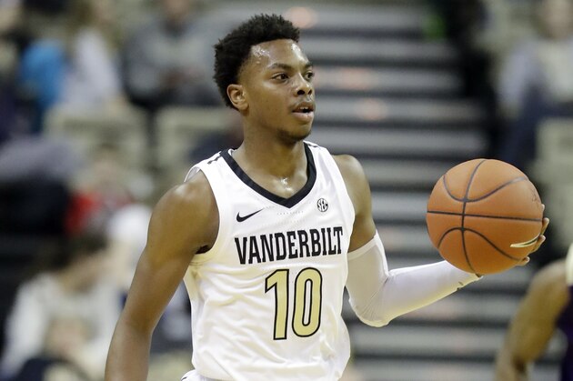 Vanderbilt guard Darius Garland plays against Alcorn State in the first half of an NCAA college basketball game Friday, Nov. 16, 2018, in Nashville, Tenn. (AP Photo/Mark Humphrey)