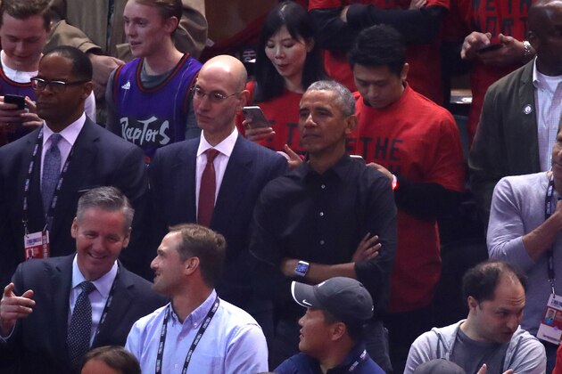 TORONTO, ONTARIO - JUNE 02:  NBA Commissioner Adam Silver and former President of the United States, Barack Obama look on prior to Game Two of the 2019 NBA Finals between the Golden State Warriors and the Toronto Raptors at Scotiabank Arena on June 02, 2019 in Toronto, Canada.  NOTE TO USER: User expressly acknowledges and agrees that, by downloading and or using this photograph, User is consenting to the terms and conditions of the Getty Images License Agreement. (Photo by Gregory Shamus/Getty Images)