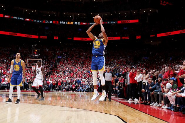 TORONTO, CANADA - JUNE 2: Andre Iguodala #9 of the Golden State Warriors shoots the ball against the Toronto Raptors  during Game Two of the NBA Finals on June 2, 2019 at Scotiabank Arena in Toronto, Ontario, Canada. NOTE TO USER: User expressly acknowledges and agrees that, by downloading and/or using this photograph, user is consenting to the terms and conditions of the Getty Images License Agreement. Mandatory Copyright Notice: Copyright 2019 NBAE (Photo by Nathaniel S. Butler/NBAE via Getty Images)