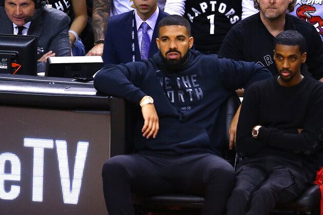 TORONTO, ONTARIO - JUNE 02: Drake reacts in the first half during Game Two of the 2019 NBA Finals between the Golden State Warriors and the Toronto Raptors at Scotiabank Arena on June 02, 2019 in Toronto, Canada.  NOTE TO USER: User expressly acknowledges and agrees that, by downloading and or using this photograph, User is consenting to the terms and conditions of the Getty Images License Agreement. (Photo by Vaughn Ridley/Getty Images)