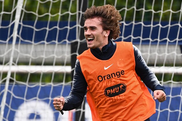 France's forward Antoine Griezmann celebrates a goal during a training session in Clairefontaine-en-Yvelines, southwest of Paris, on May 30, 2019, as part of the team's preparation for the UEFA Euro 2020 qualifying Group H matches against Turkey and Andorra. (Photo by FRANCK FIFE / AFP)        (Photo credit should read FRANCK FIFE/AFP/Getty Images)